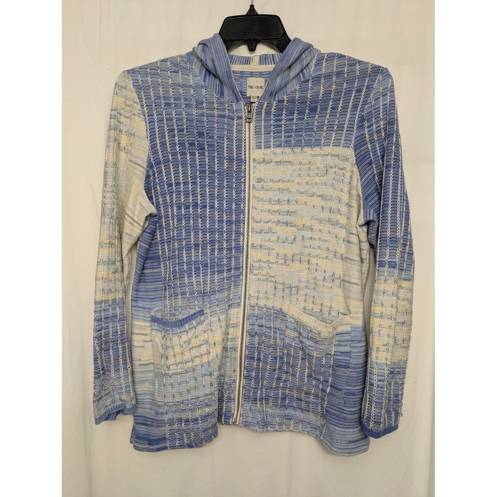 NIC+ZOE Blue Cream Space Dye Zip Up Hooded Cardigan Sweater Large Womens